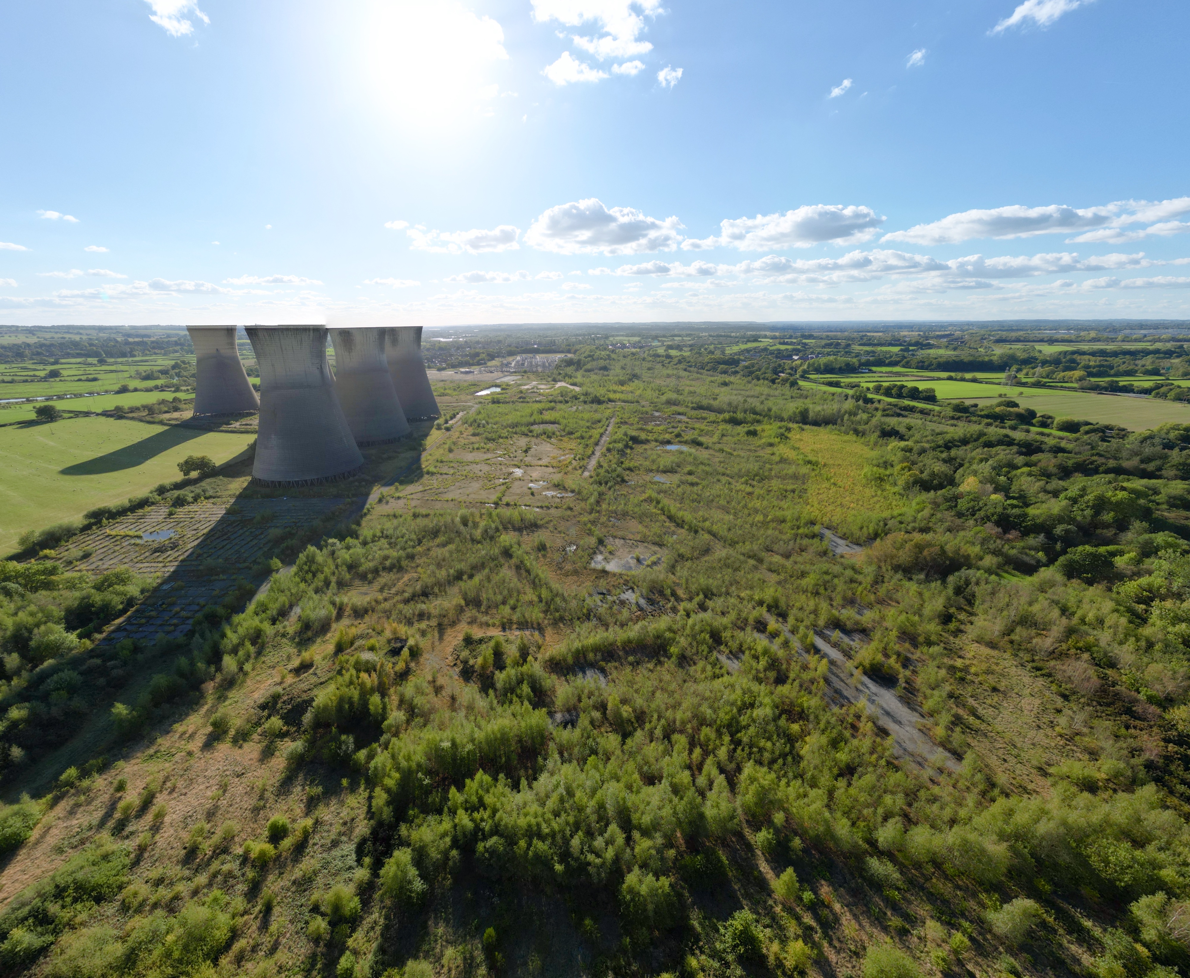 A drone view looking west from above Buckgord Lane, Findern, showing the rate at which nature has reclaimed the power station site.